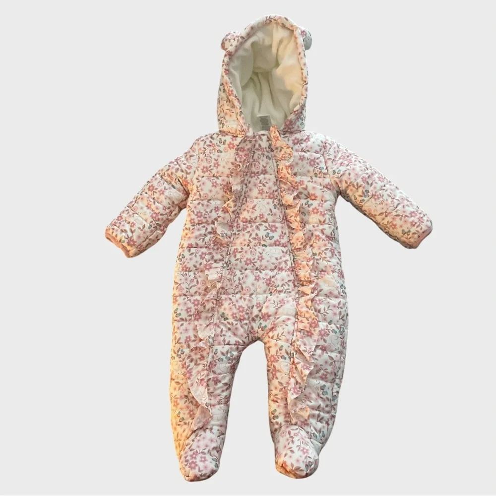 Nicole Miller Floral Baby Snowsuit  Ruffle with Hood size 6-9 months